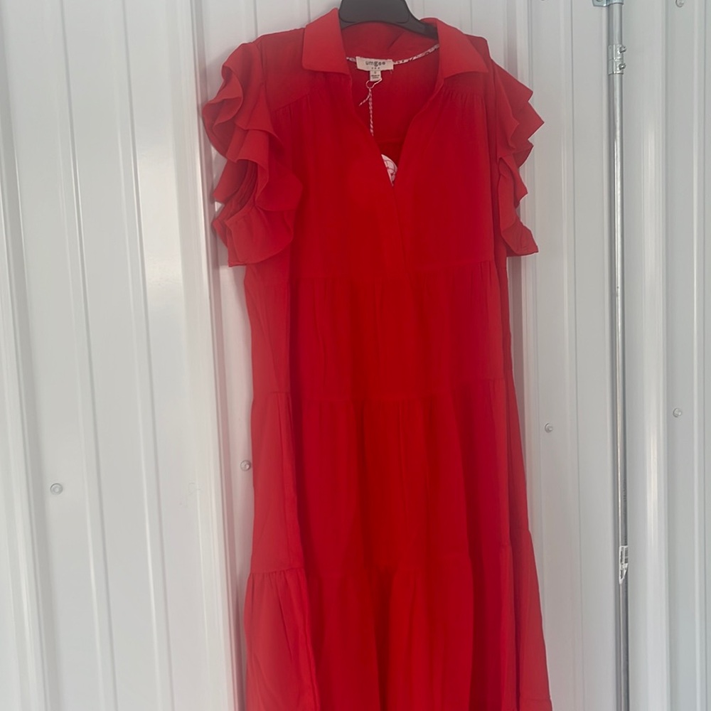 Umgee tomato Red Dress MIDI Tiered New Ruffle Sleeve